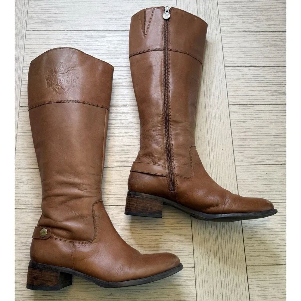 Etienne Aigner Womens Leather Tall Riding Boots Tan Sz 9 M‎ Zip Close Block Heel
